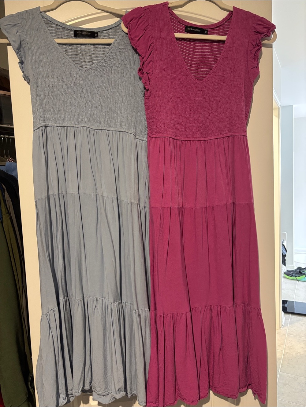 Women’s Tiered Maxi Dress with Ruffle Sleeves - Magenta by Nobody's Child